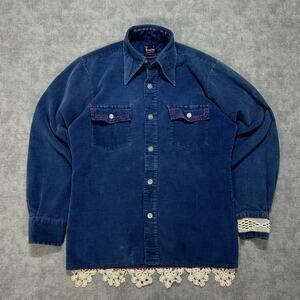 VTG 80s Brewster navy corduroy hand sewn embroidered lace trim shirt womens S